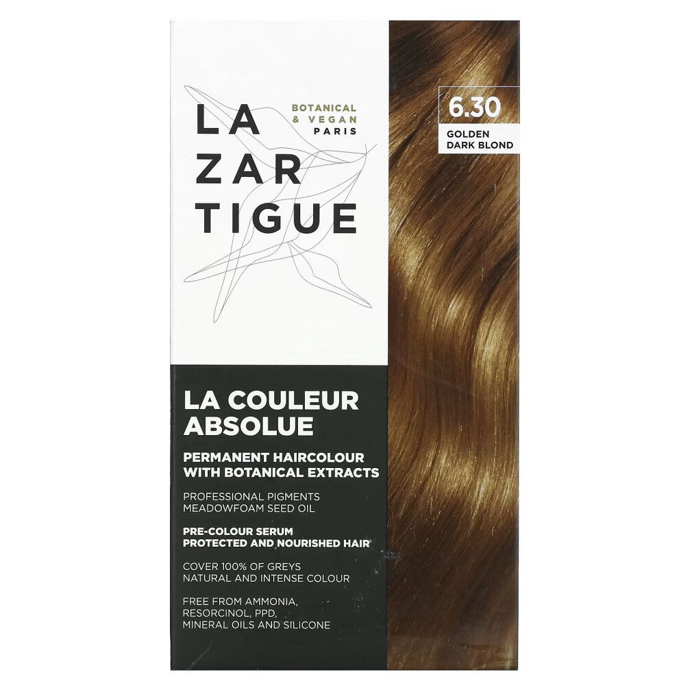 LAZARTIGUE La Couleur Absolue 6.30 Dunkelblond Haarfarbenbox mit Farbmuster und Produktabbildungen.