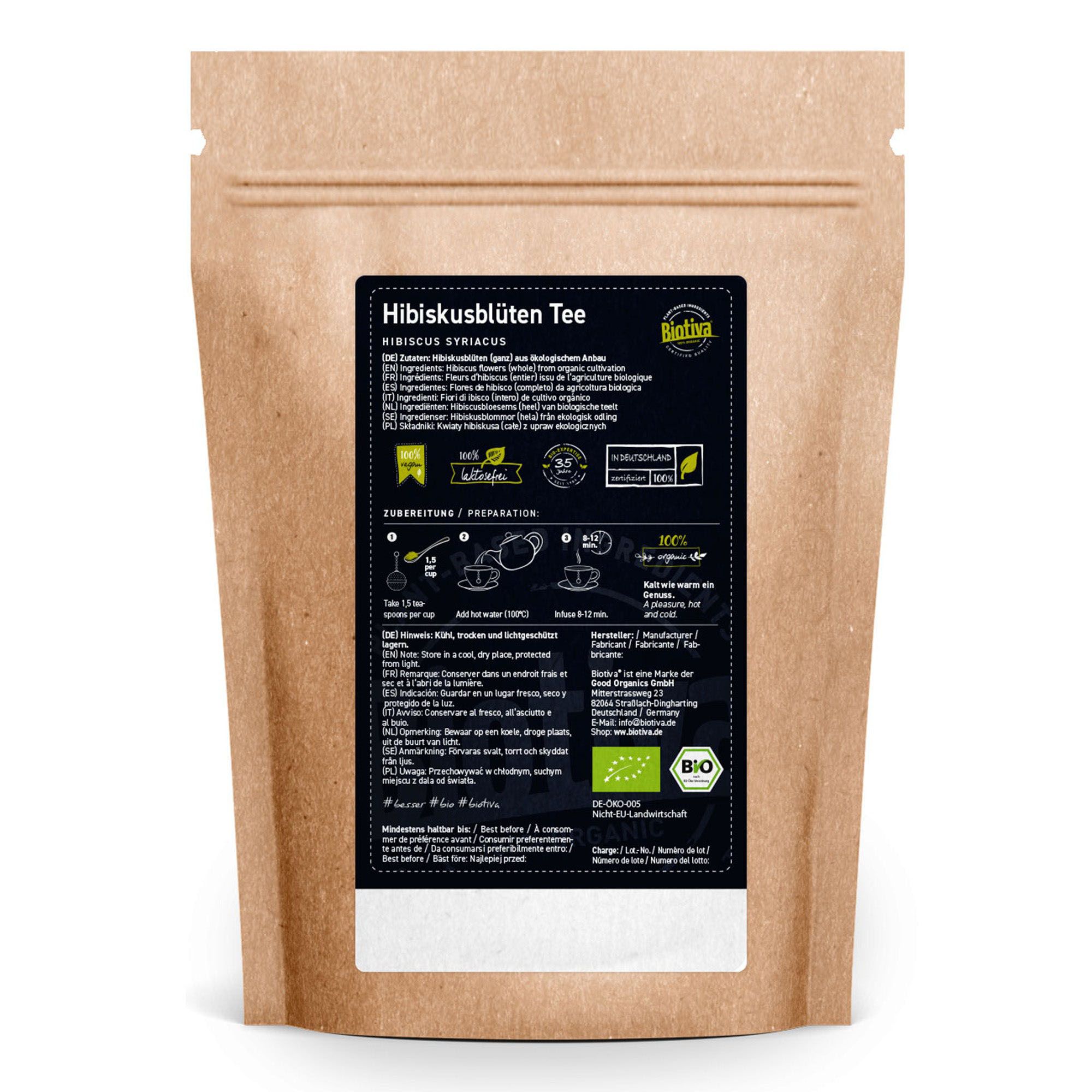 Rückseite einer Biotiva Bio Hibiskusblüten Tee Tüte mit Zubereitungshinweisen und Bio-Siegel.