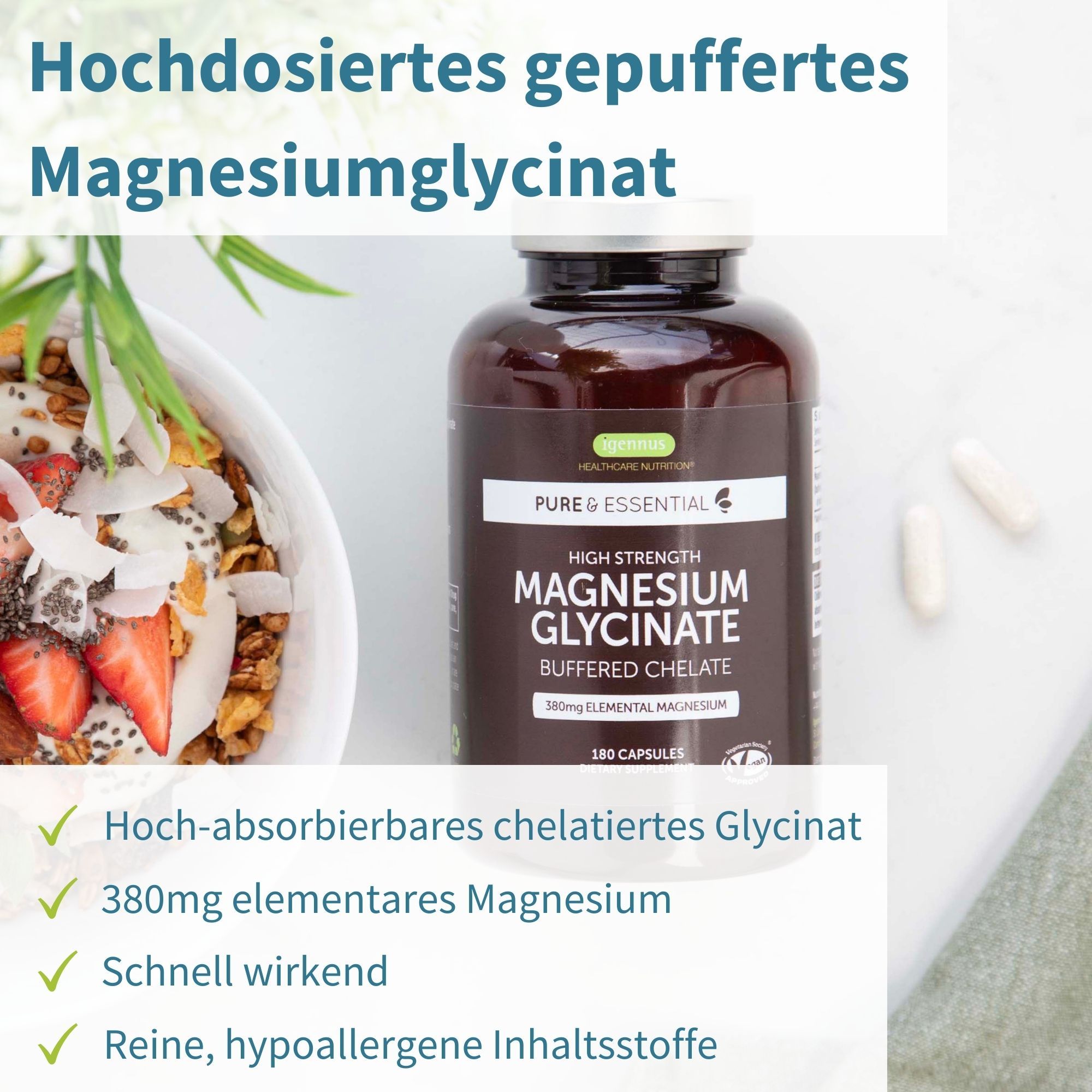 Igennus Magnesium Glycinate Dose neben einer Schüssel Müsli und zwei Kapseln.