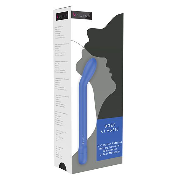 Blauer Kurvenvibrator in Verpackung. Marke B Swish. Text: BGEE Classic, 5 Vibrationsmuster, wasserdicht, G-Punkt-Massagegerät.