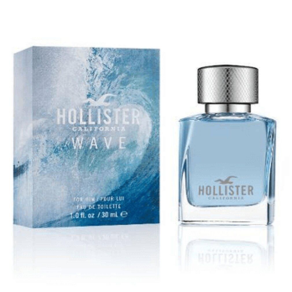 Hollister Wave Eau de Toilette Flakon und Verpackung. Flakon quadratisch, hellblau. Verpackung mit Wellenmuster und Logo.