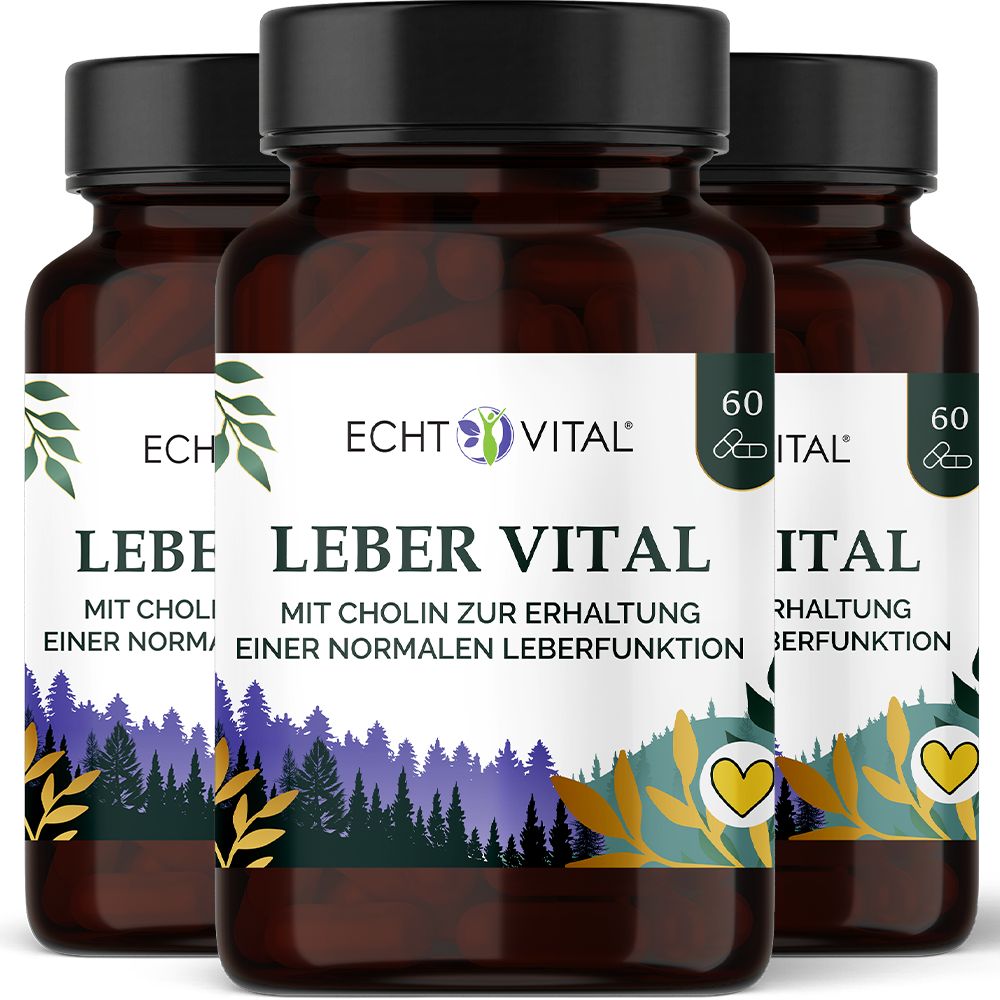 Drei Flaschen Echt Vital Leber Vital mit 60 Kapseln, für normale Leberfunktion.