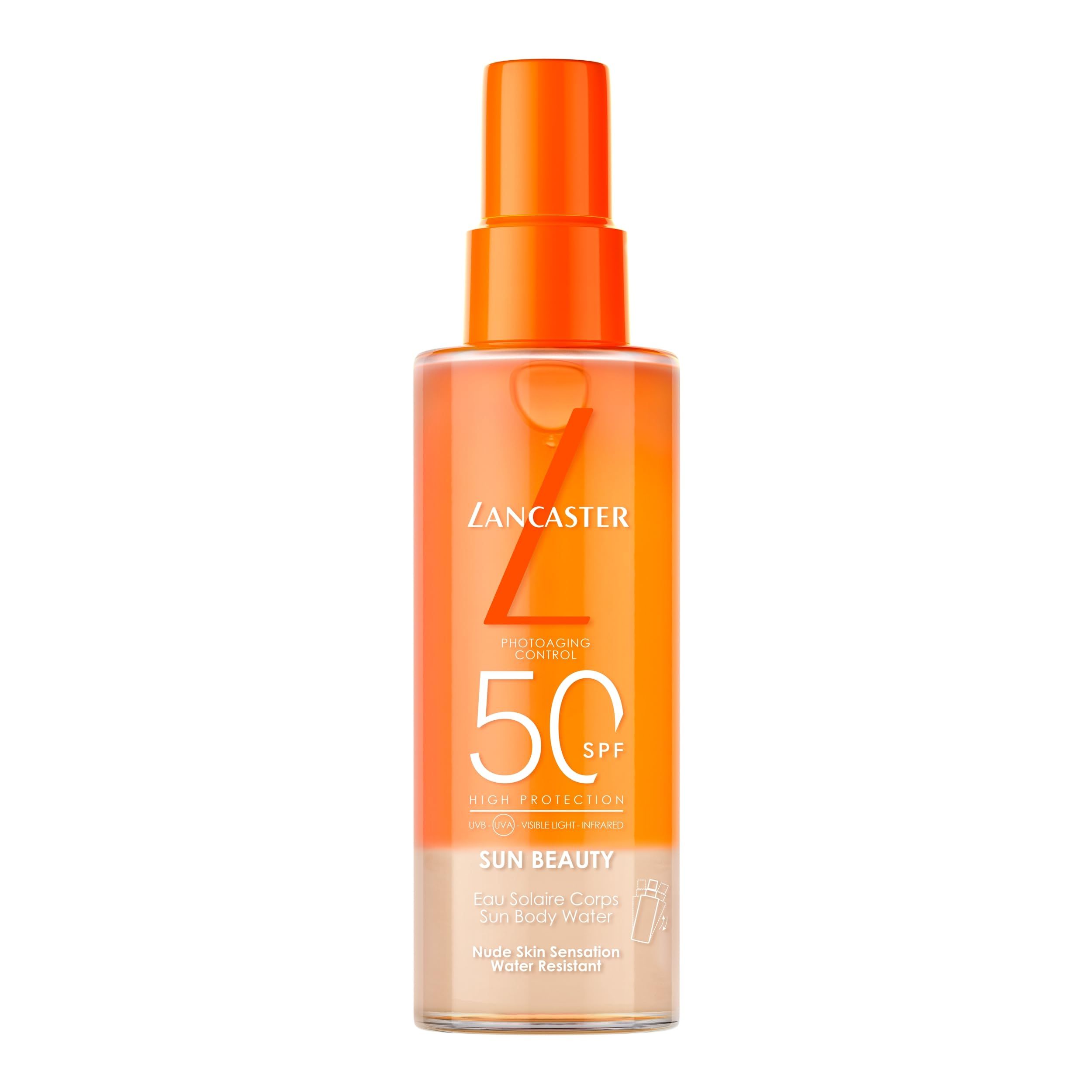 Lancaster Sun Beauty Water Spray SPF 50, neue Verpackung aus 100% recyceltem Kunststoff, orangefarbener Sprühkopf.