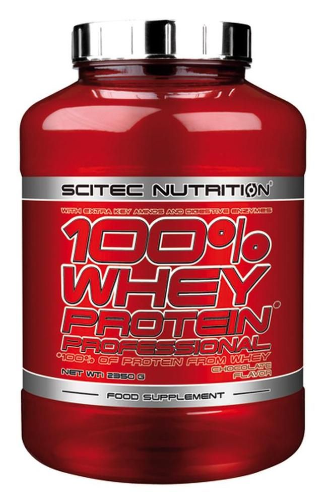 Rote Dose mit Aufschrift "Scitec Nutrition 100% Whey Protein Professional". "Chocolate Flavor" und "Food Supplement" sind ebenfalls sichtbar.