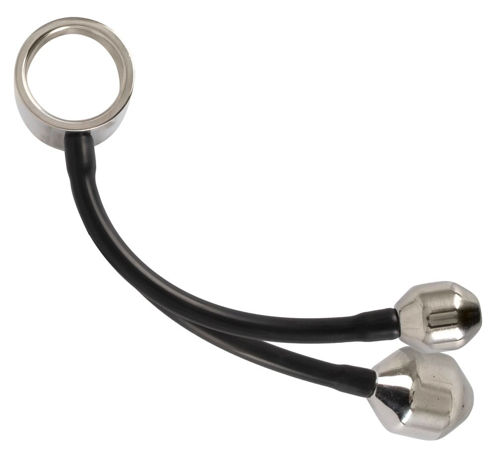 Metallring mit zwei schwarzen, flexiblen Verbindungen zu zwei metallischen Gewichten. Schräge Ansicht.