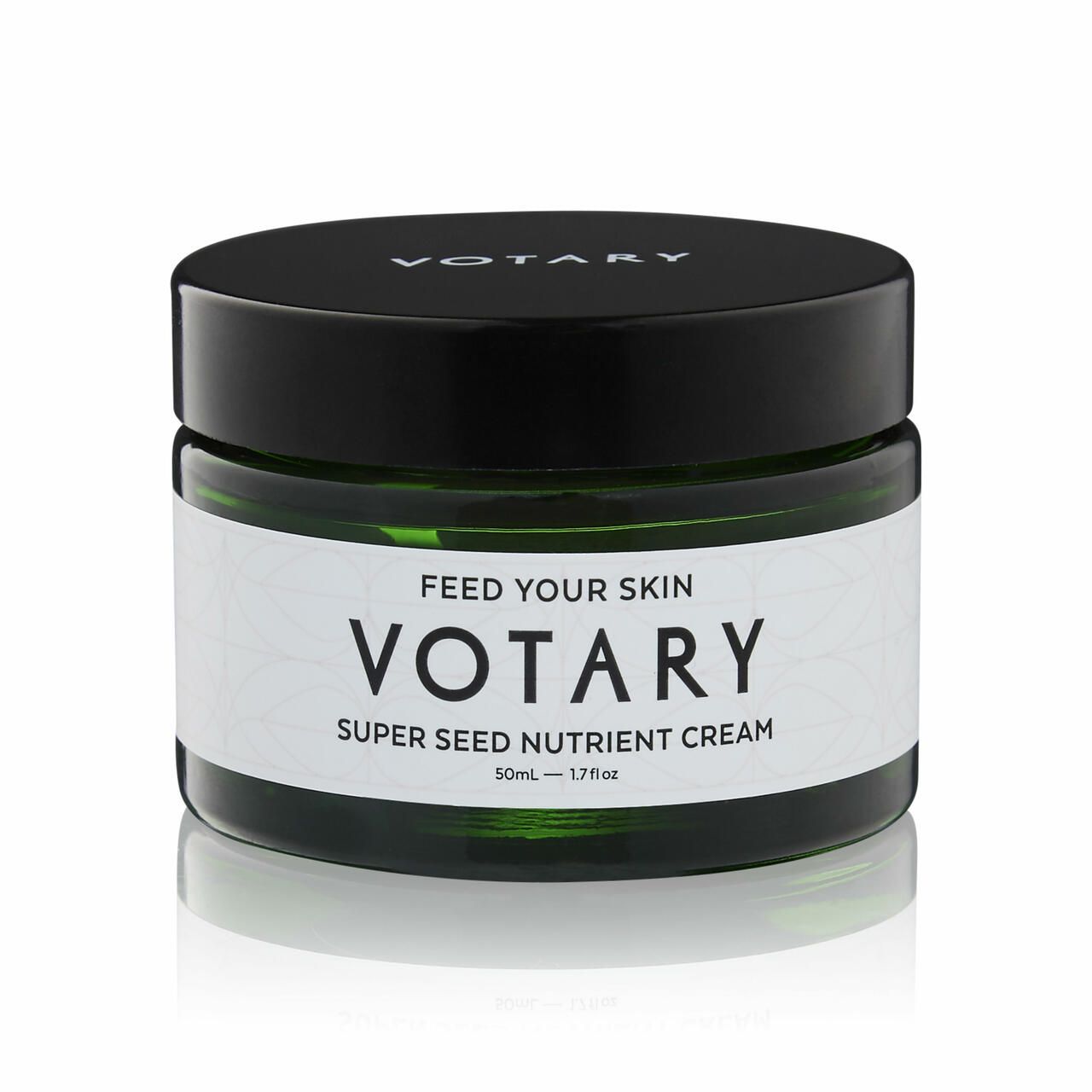 Creme-Glas mit schwarzem Deckel. Auf dem Etikett steht "Votary Super Seed Nutrient Cream".