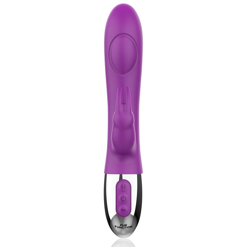 Lila Vibrator mit Kaninchenohren-Design. Silberfarbener Sockel mit Knöpfen. Frontansicht.