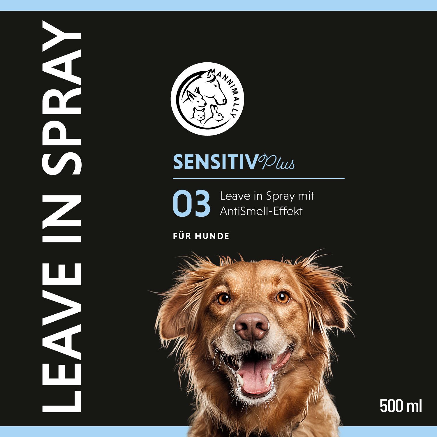 Schwarzer Hintergrund mit weißem Text: LEAVE IN SPRAY. Logo. Produktname, Hundefoto und Text. 500 ml.