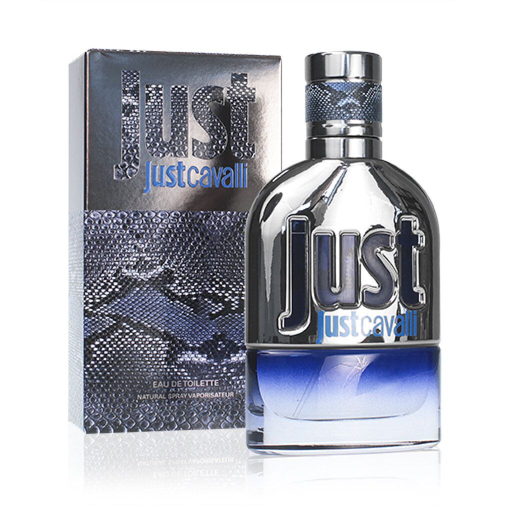 Parfümflakon und Verpackung. Aufschrift "Just Cavalli". Verpackung mit Schlangenmuster.