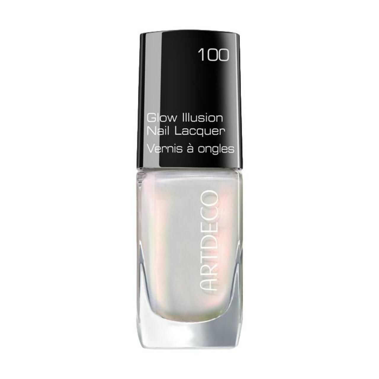 Nagellackflasche mit schwarzem Deckel. Aufschrift: Glow Illusion Nail Lacquer, Artdeco. Farbton 100.