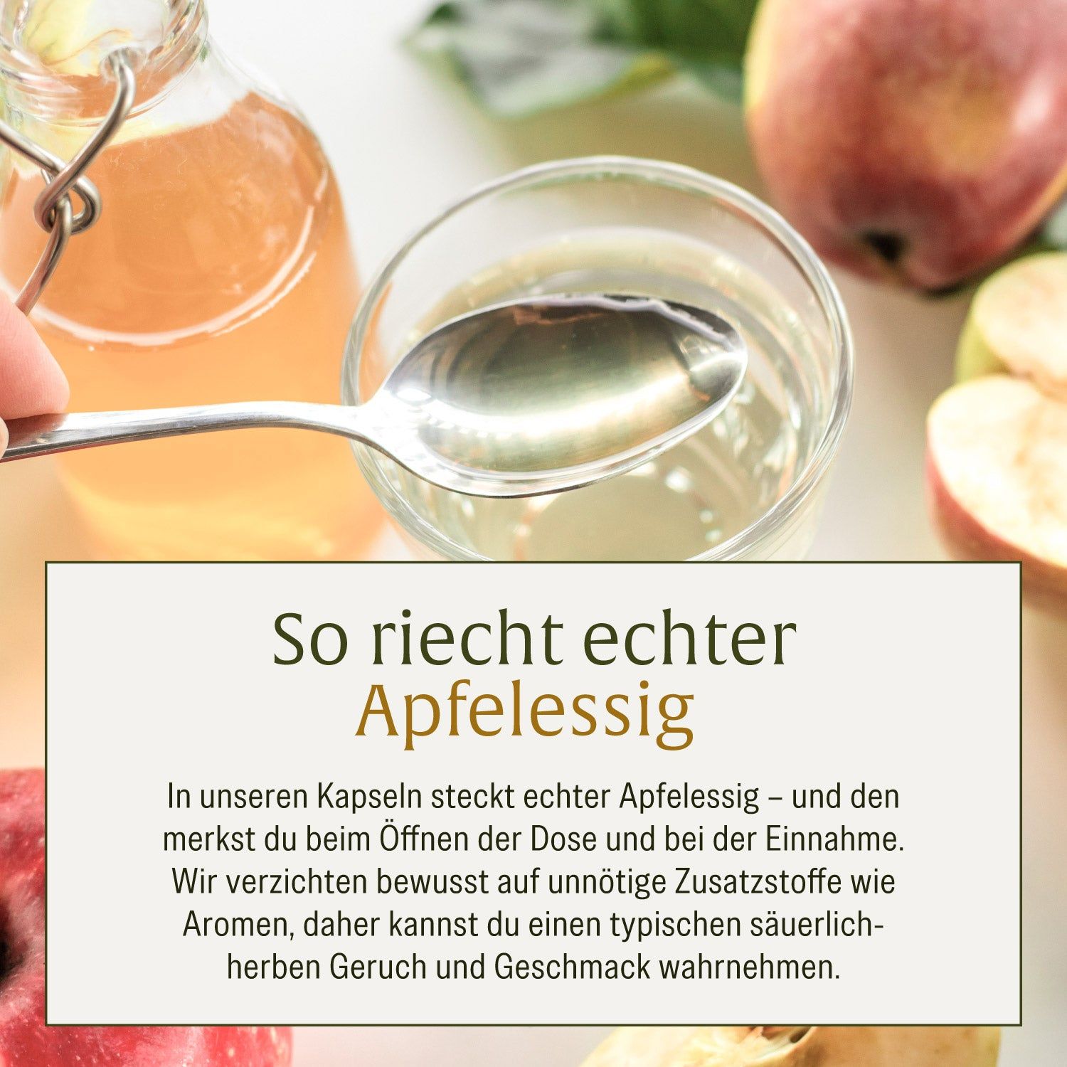 Echter Apfelessig in Kapseln von Naturtreu. Säuerlich-herber Geruch und Geschmack.