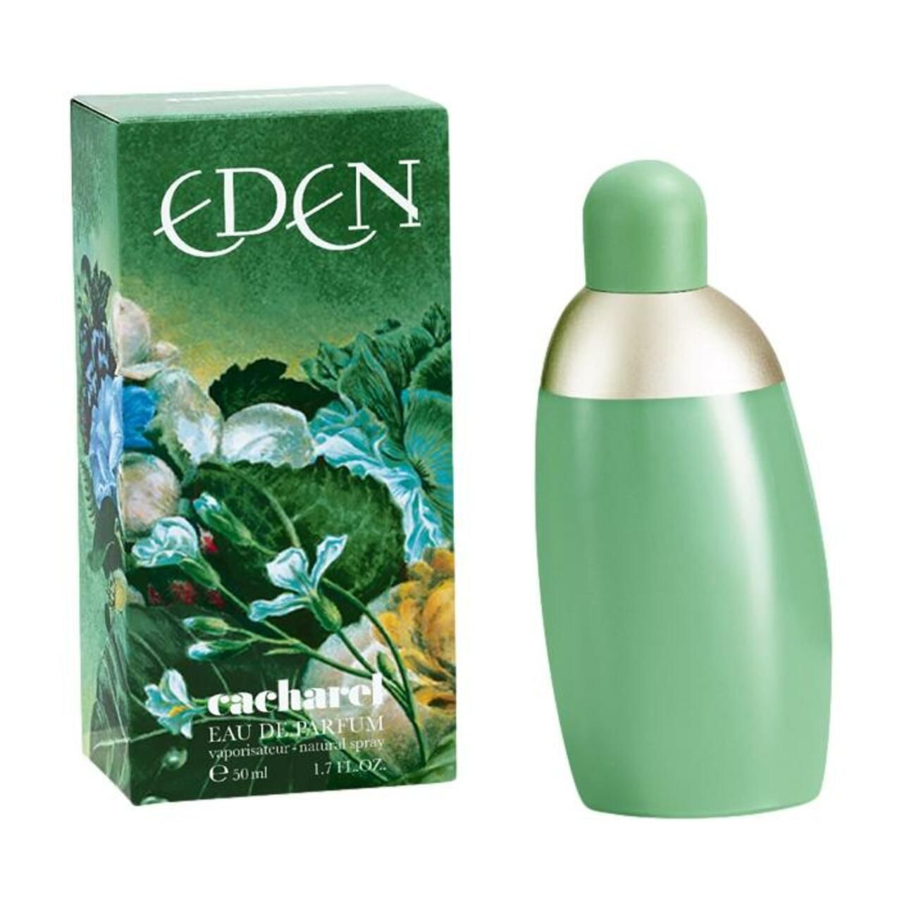 Grüne Flasche mit goldfarbenem Akzent. Grüner Verschluss. Neben einer Schachtel mit Text: EDEN, cacharel.