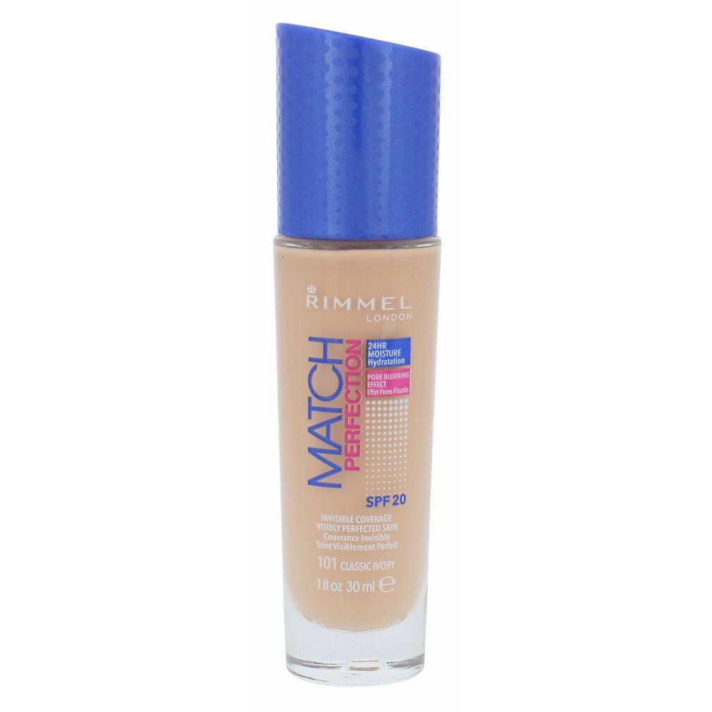 Rimmel London Match Perfection Foundation. Flasche mit blauem Deckel. Farbton 101 Classic Ivory. SPF 20.
