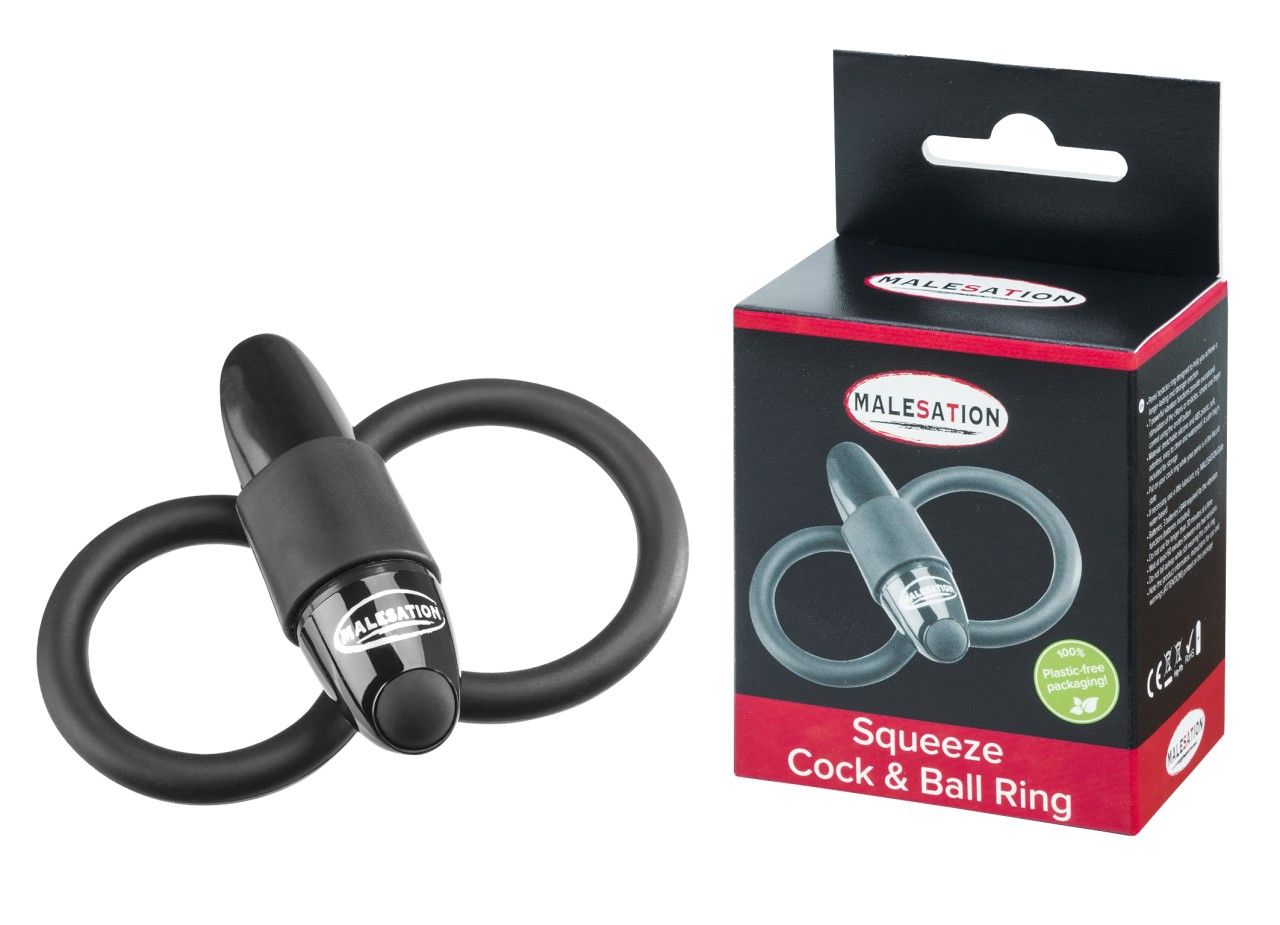 Schwarzer Ring mit Vibrator und Verpackung. Auf der Verpackung steht MALESATION und Squeeze Cock & Ball Ring.