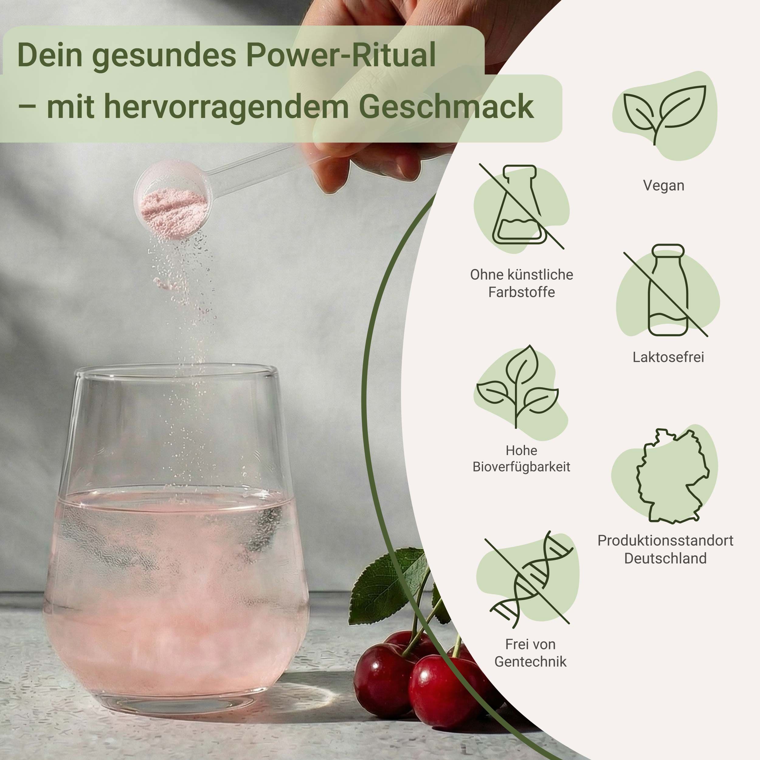 Glas mit rosa Flüssigkeit, Löffel mit Pulver. Text: Vegan, ohne künstliche Farbstoffe, laktosefrei, hohe Bioverfügbarkeit, Produktionsstandort Deutschland.