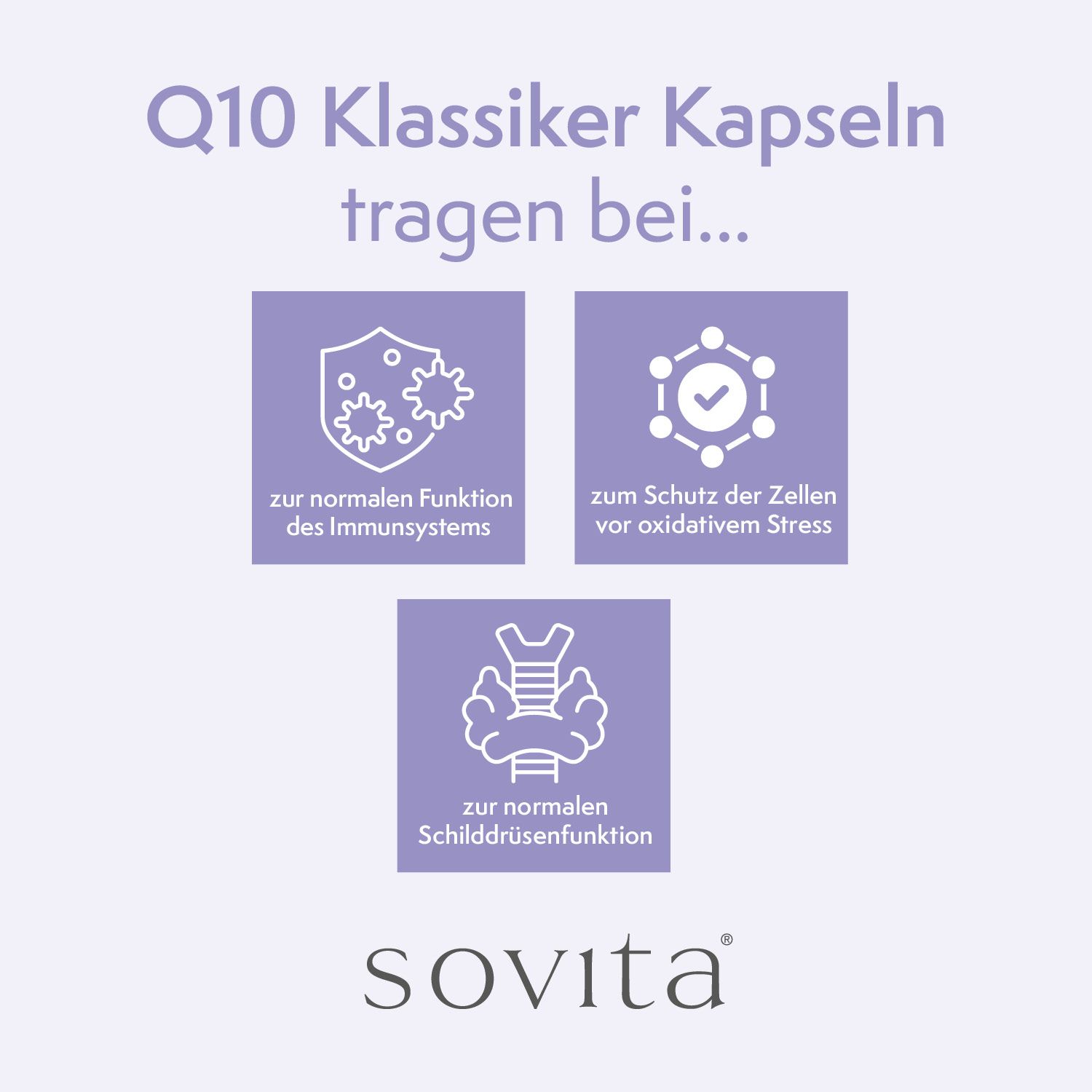 Drei Icons mit Text. Text: zur normalen Funktion des Immunsystems, zum Schutz der Zellen vor oxidativem Stress, zur normalen Schilddrüsenfunktion.