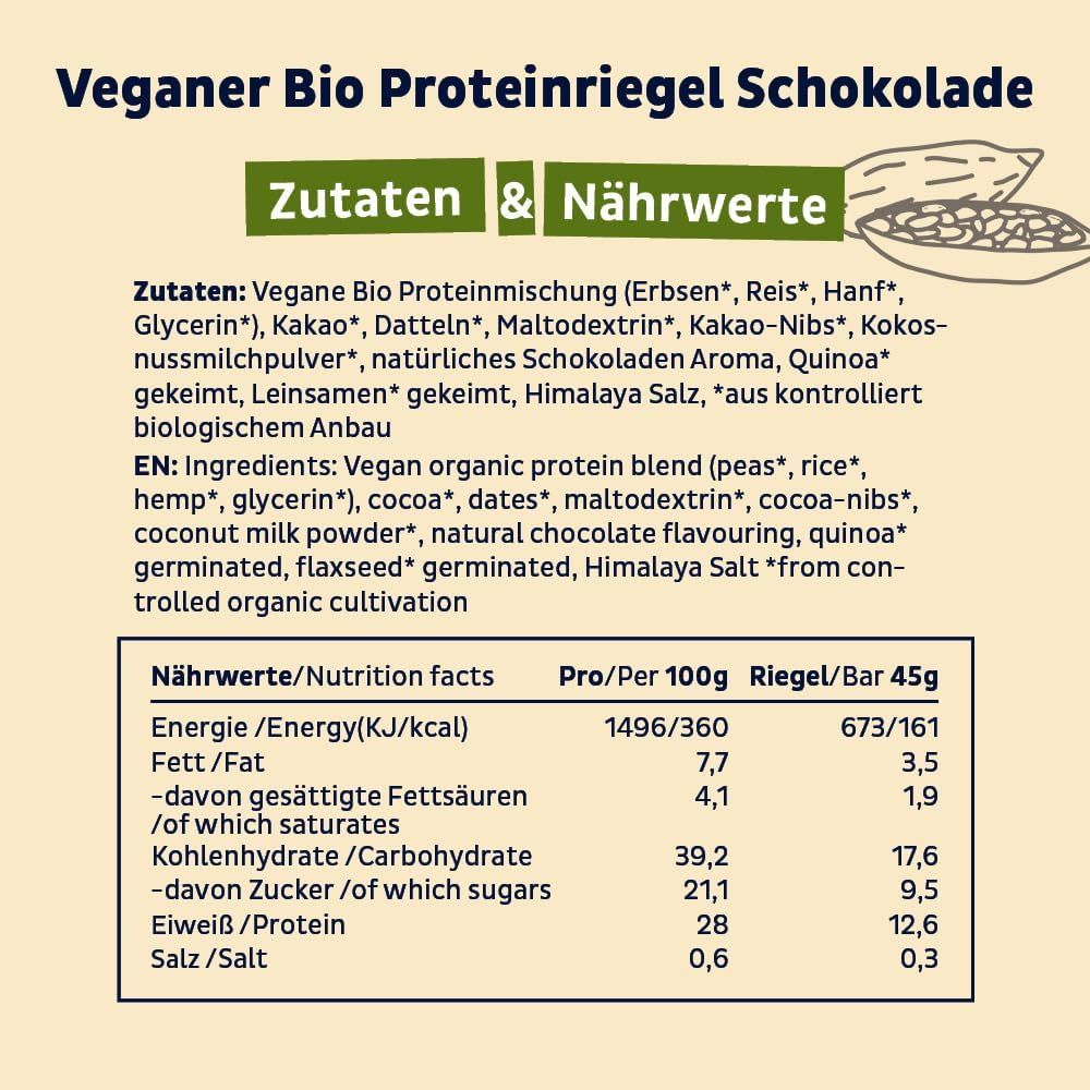 Nährwerttabelle für vegane Bio-Proteinriegel Schokolade. Enthält Angaben zu Energie, Fett, Kohlenhydraten, Eiweiß und Salz.
