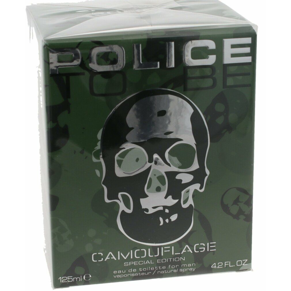 Verpackung für Parfüm. Grün mit Camouflage-Muster und Totenkopf-Design. Marke: Police To Be Camouflage Special Edition.