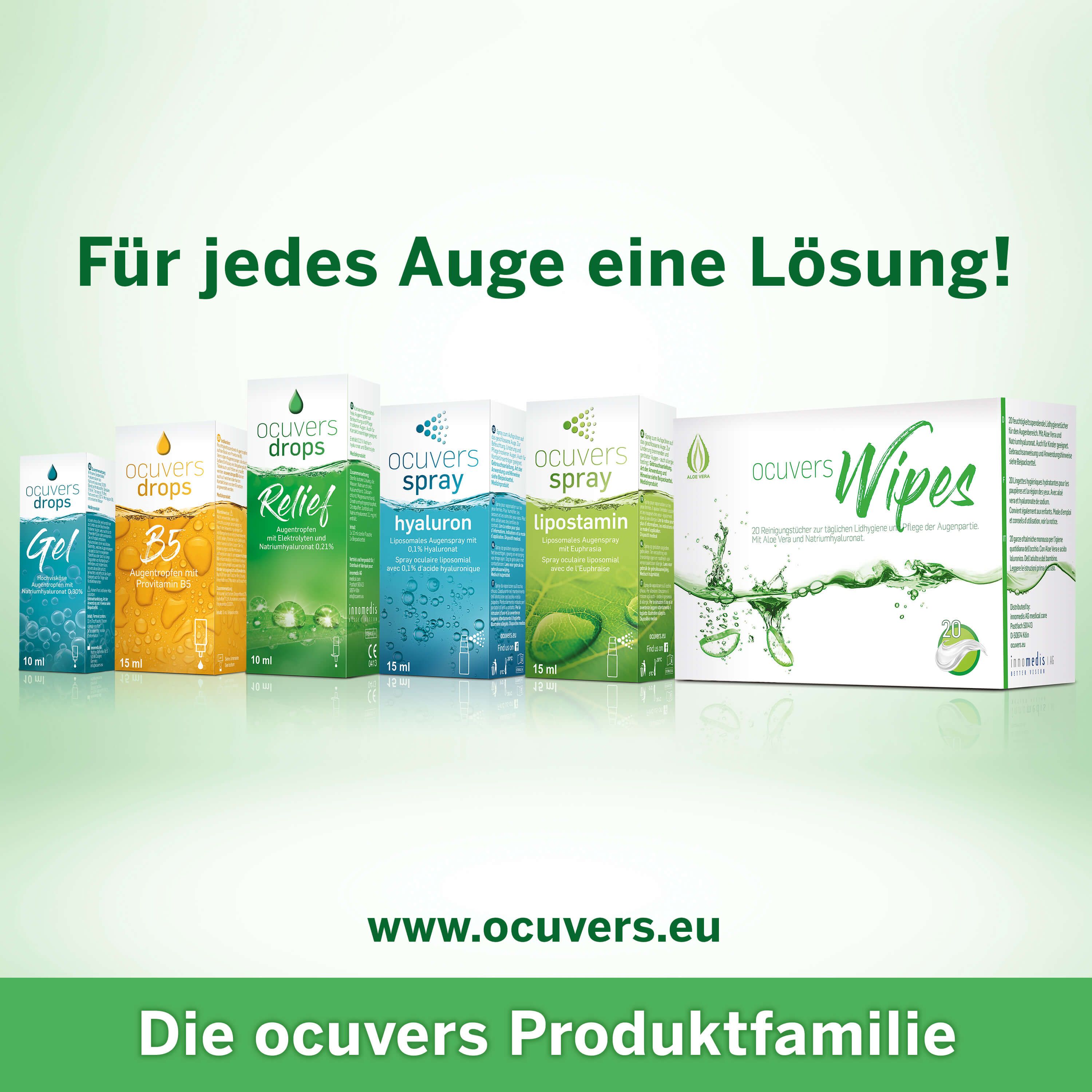 Ocuvers Produktfamilie: Mehrere Produkte, darunter Gel, Tropfen, Spray und Tücher, aufgereiht.