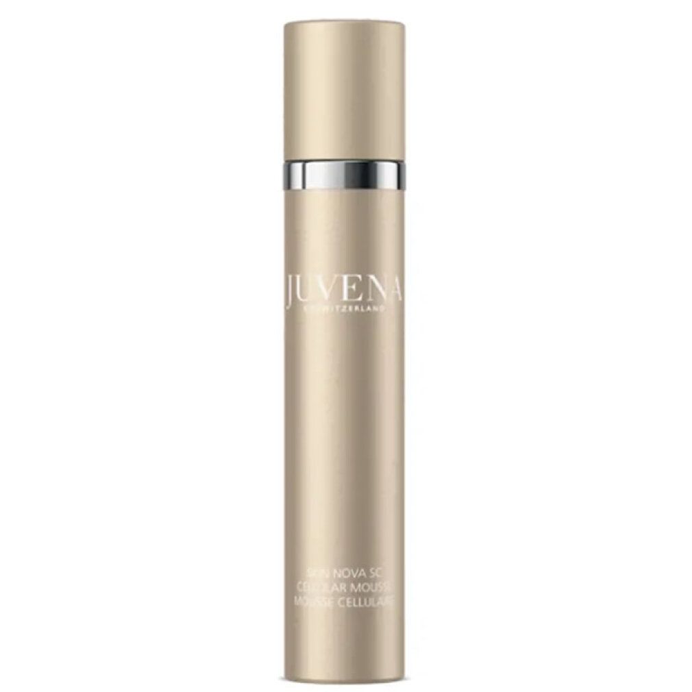 Goldfarbener Spender mit silbernem Ring und weißem Aufdruck: JUVENA SKIN NOVA SC CELLULAR MOUSSE.