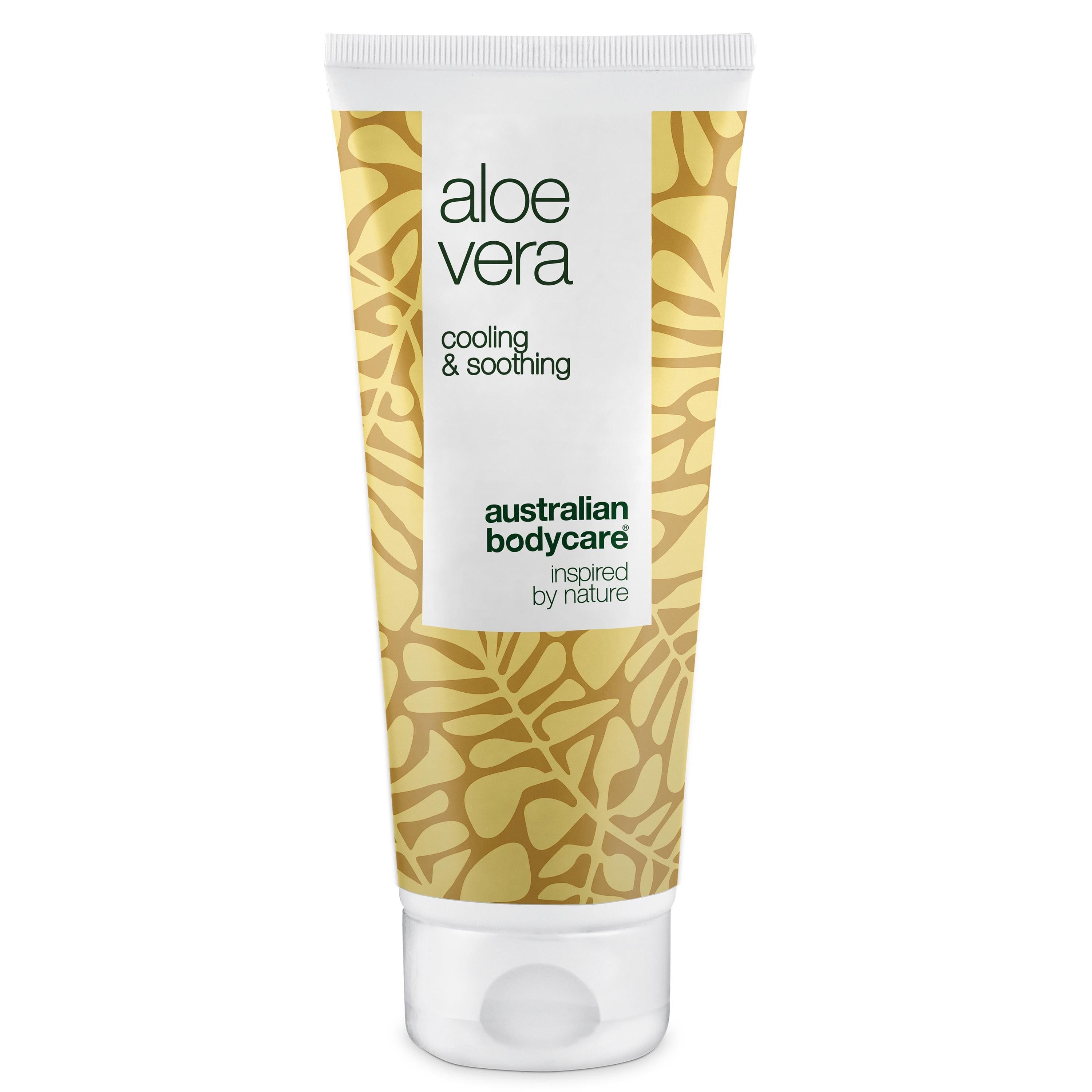 Tubo di gel all'aloe vera. Scritta: Aloe Vera, Cooling & Soothing, Australian Bodycare.