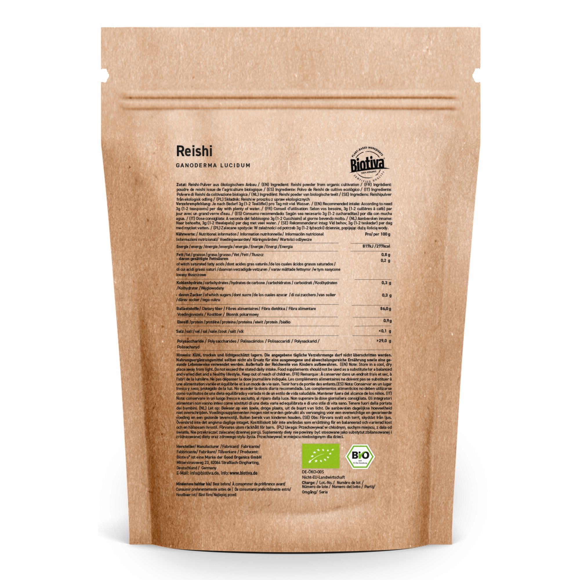 Rückseite des Biotiva Reishi Pulver Bio Beutels. Enthält Informationen zu Inhaltsstoffen, Nährwerten und Zertifizierungen.