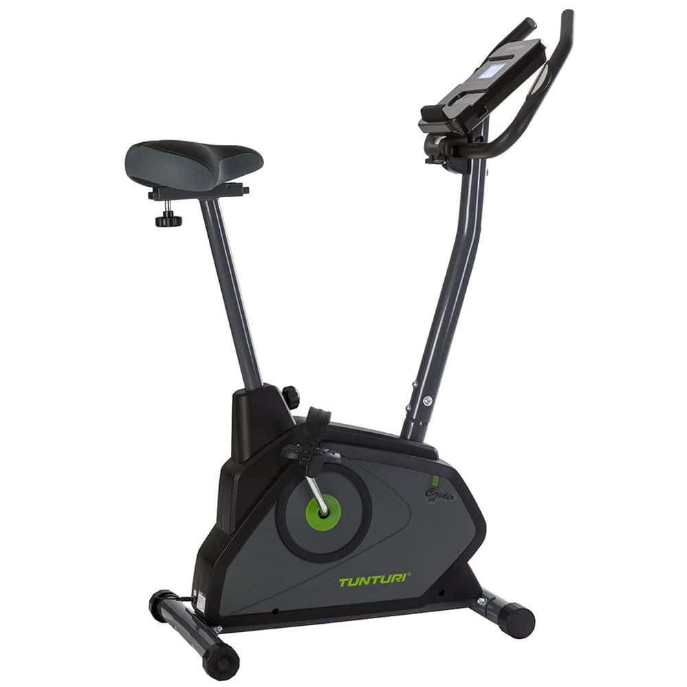 Heimtrainer. Anthrazitfarbener Rahmen, schwarzer Sitz und Pedale. Lenker mit Display. Tunturi-Logo.