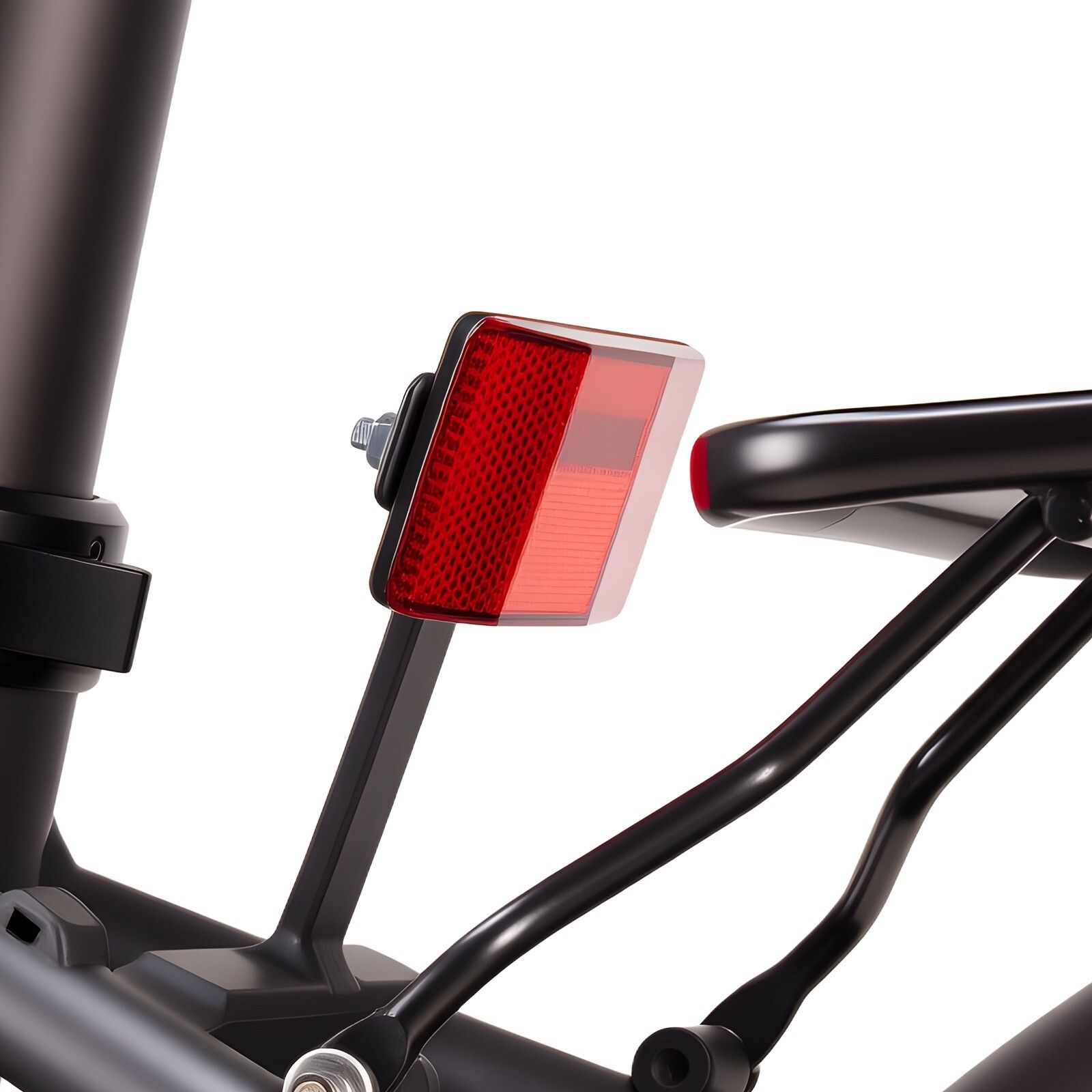 Rotes Rücklicht an einem schwarzen Fahrrad. Rechteckige Form. Reflektierend.