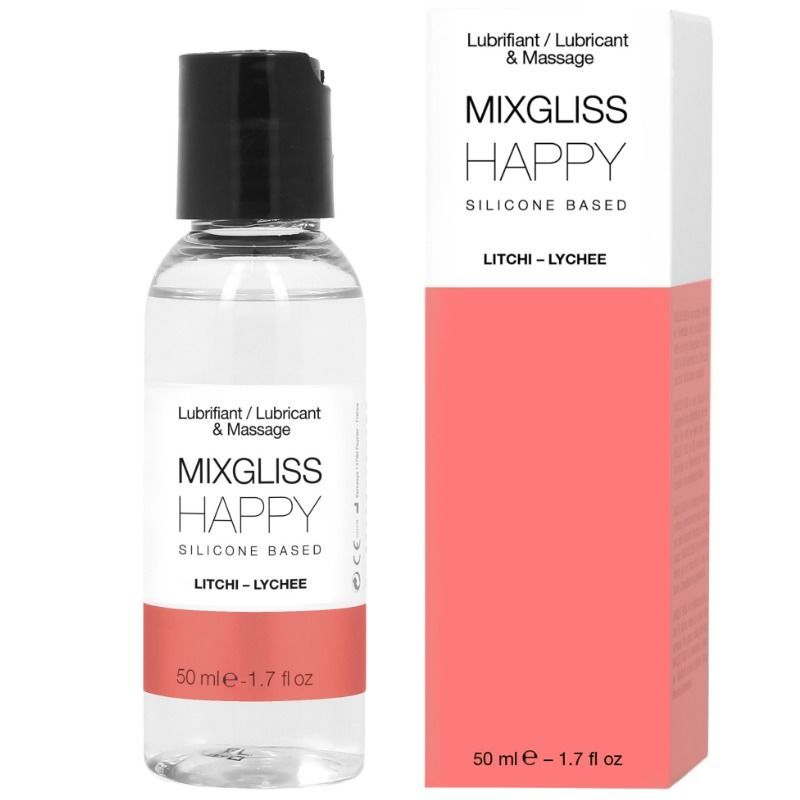 Transparente Flasche und Verpackung. Aufschrift: Mixgliss Happy, Litchi. Schwarzer Deckel. Rosa und weißes Design.