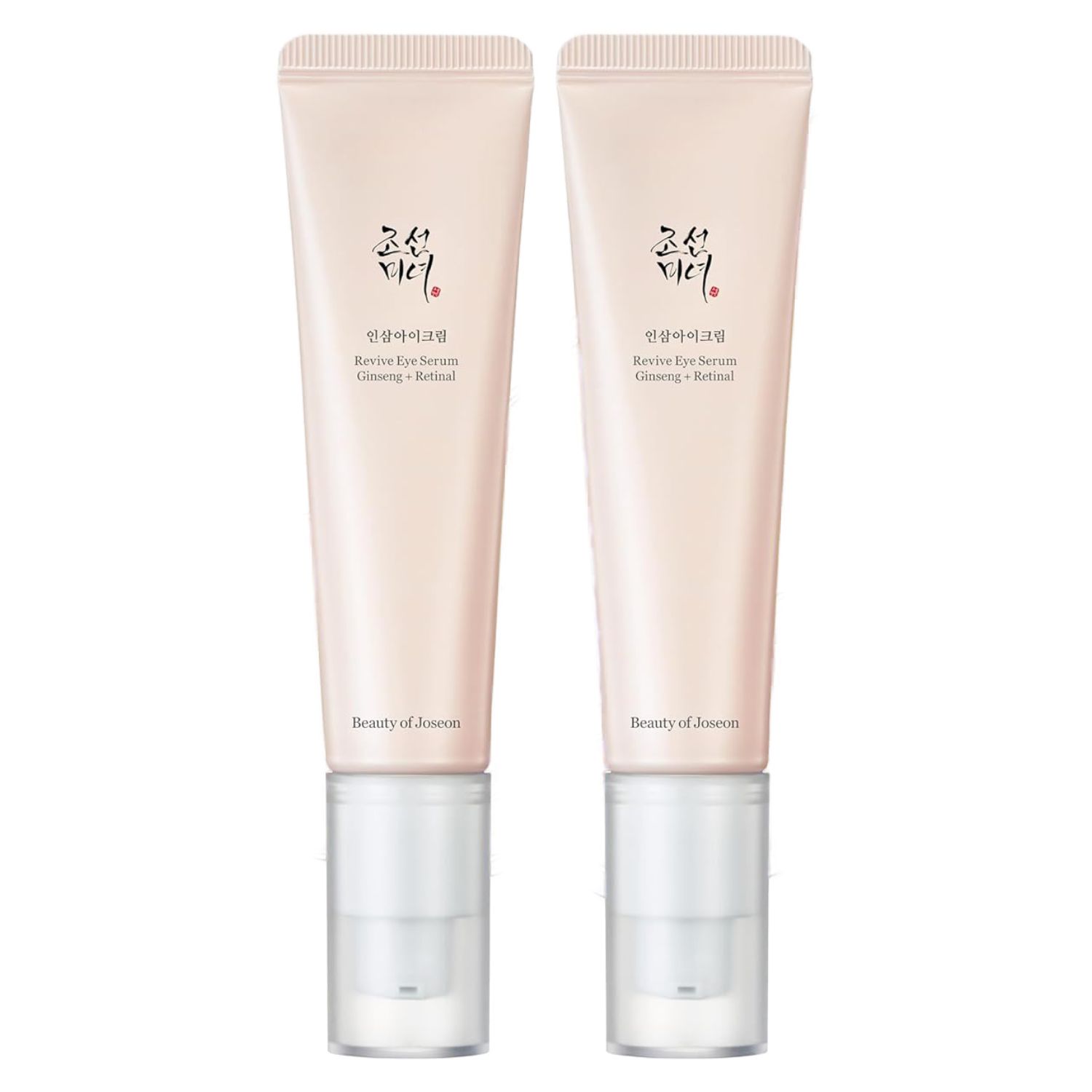 Zwei Tuben mit weißem Pumpkopf. Text: Revive Eye Serum Ginseng + Retinal. Beauty of Joseon.