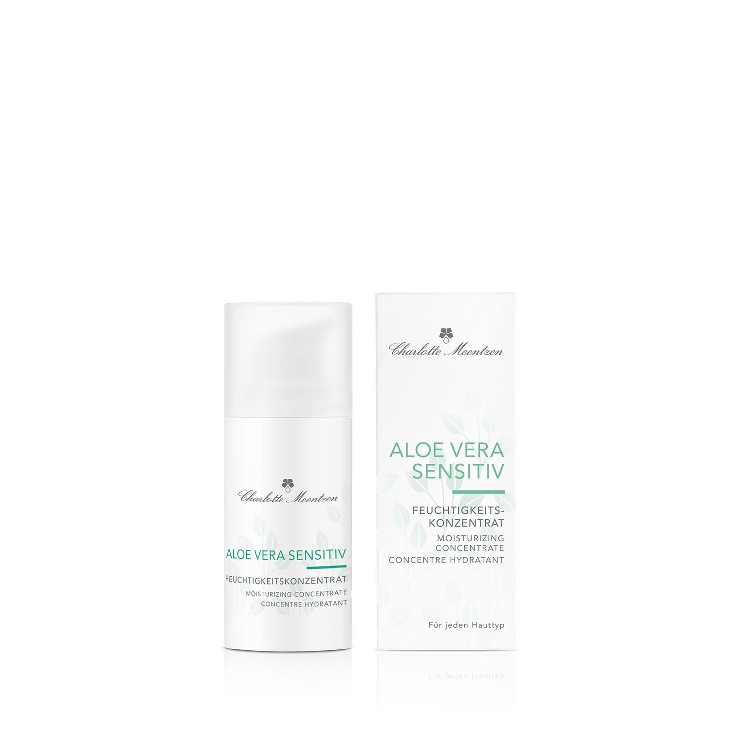 Weißes Fläschchen und Schachtel. Aufschrift: Aloe Vera Sensitiv, Feuchtigkeits-Konzentrat, Charlotte Meentzen. Für jeden Hauttyp.