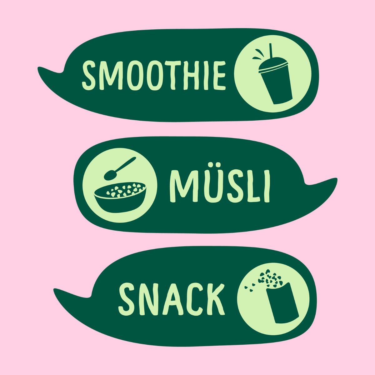 Drei grüne Sprechblasen mit Text: Smoothie, Müsli, Snack. Mit Symbolen.