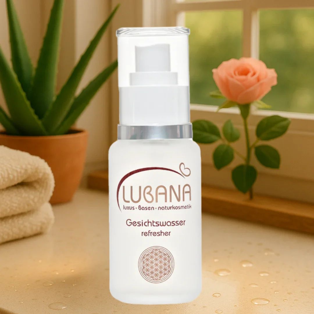 Weißes Fläschchen mit Sprühkopf. Aufschrift: LUBANA, Gesichtswasser refresher. Auf einem Tisch, neben Aloe Vera und Rose.