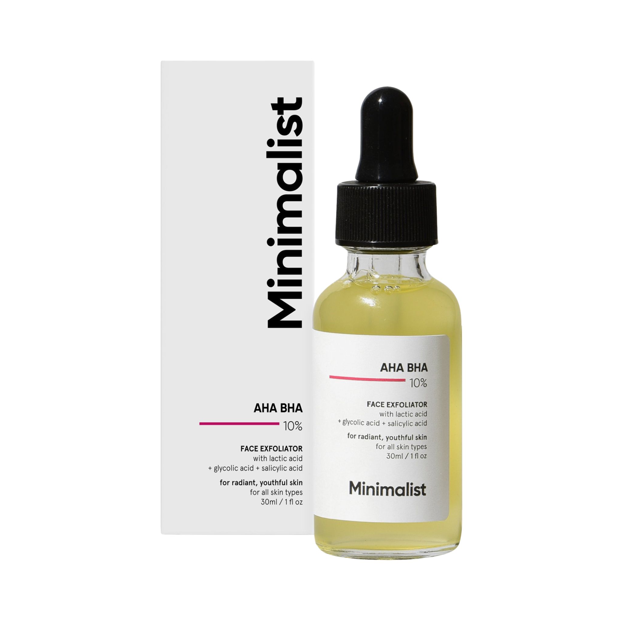 Flacon de sérum avec pipette et emballage. Inscription : AHA BHA 10%, Minimalist. Contient de l'acide glycolique et salicylique.