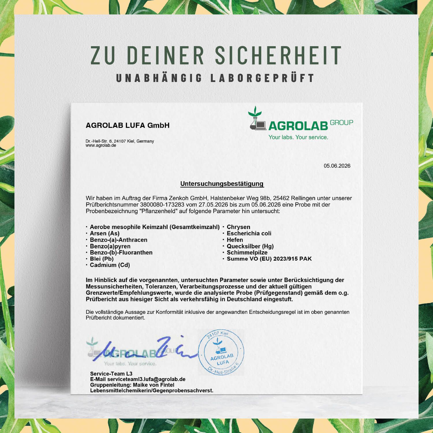 Laborprüfbericht von Agrolab für Pflanzenheld Multivitamin Kapseln mit Testergebnissen.