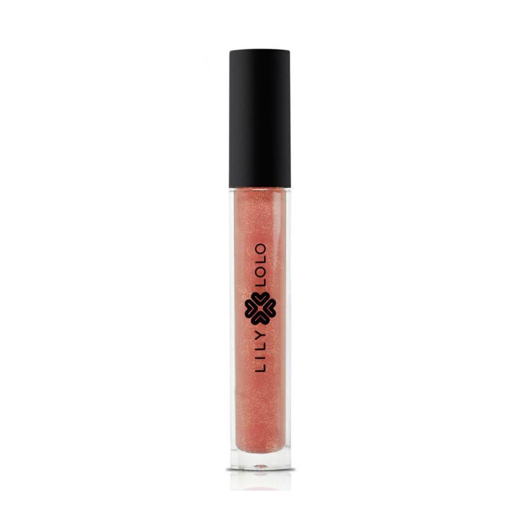 Lipgloss-Tube mit schwarzem Deckel. Aufschrift: LILY LOLO. Durchsichtige Tube mit rosafarbenem Inhalt.