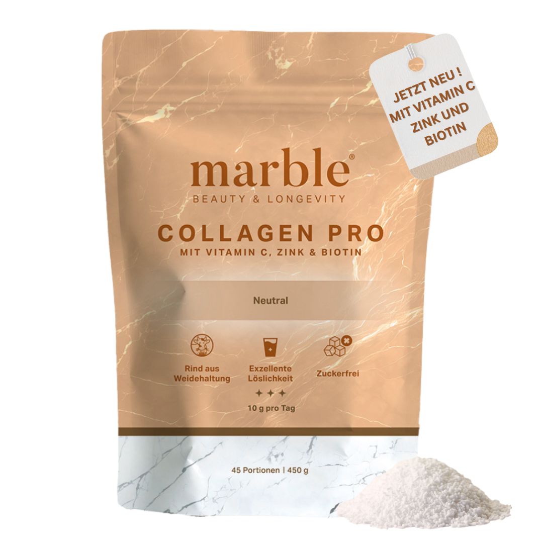 marble© Collagen Pro Verpackung mit Text: Jetzt neu! Mit Vitamin C, Zink und Biotin. Pulver daneben.