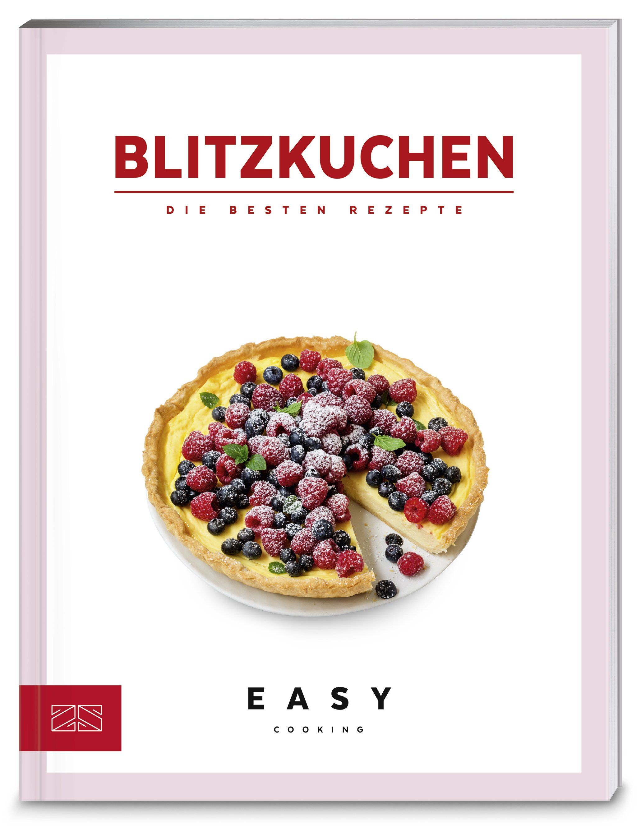 Buchcover mit Titel "Blitzkuchen". Abgebildet ist ein Kuchen mit Beeren. Untertitel: "Die besten Rezepte". Logo und Schriftzug "Easy Cooking".