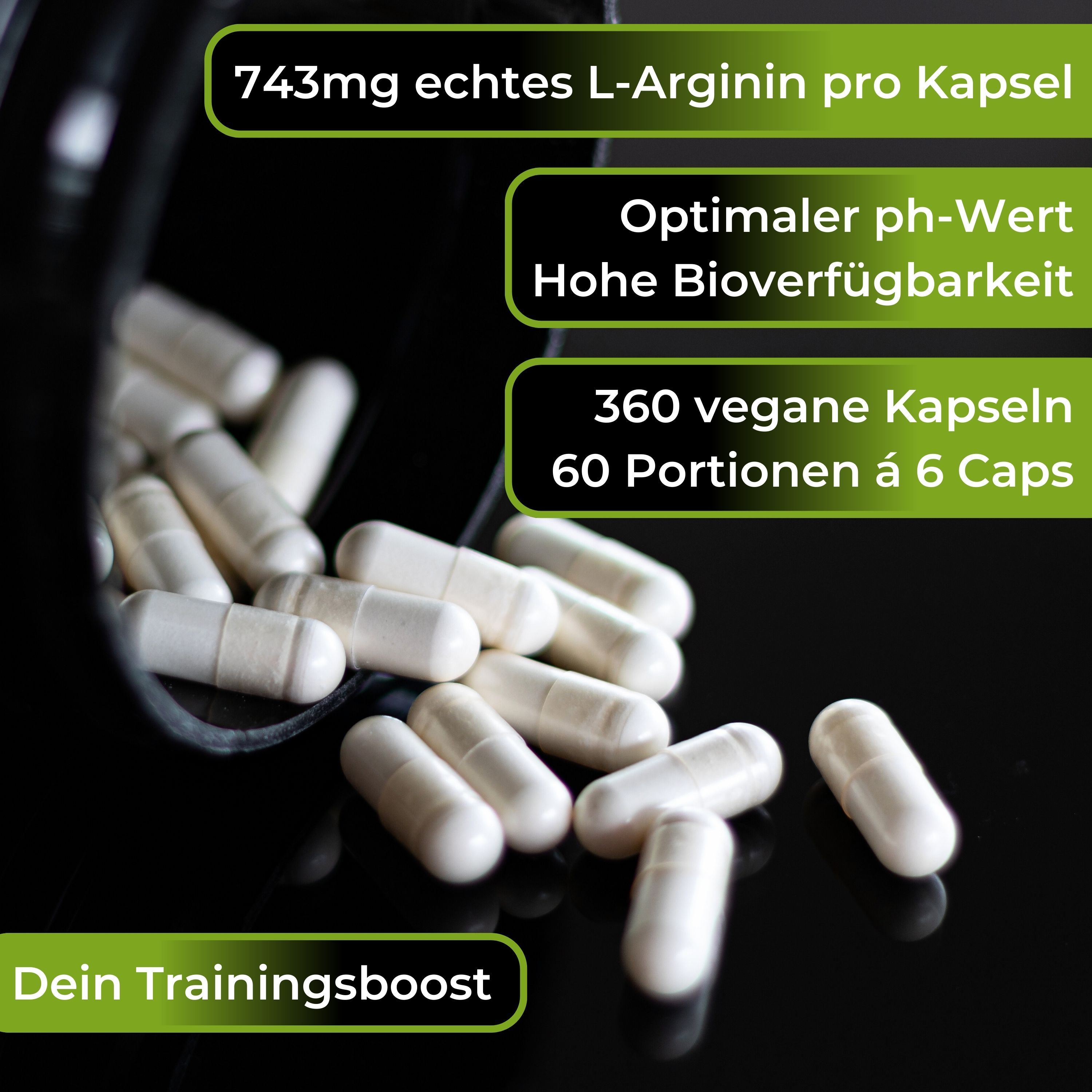 Weiße Kapseln liegen verstreut. Text: 743mg echtes L-Arginin pro Kapsel, 360 vegane Kapseln, 60 Portionen à 6 Caps.