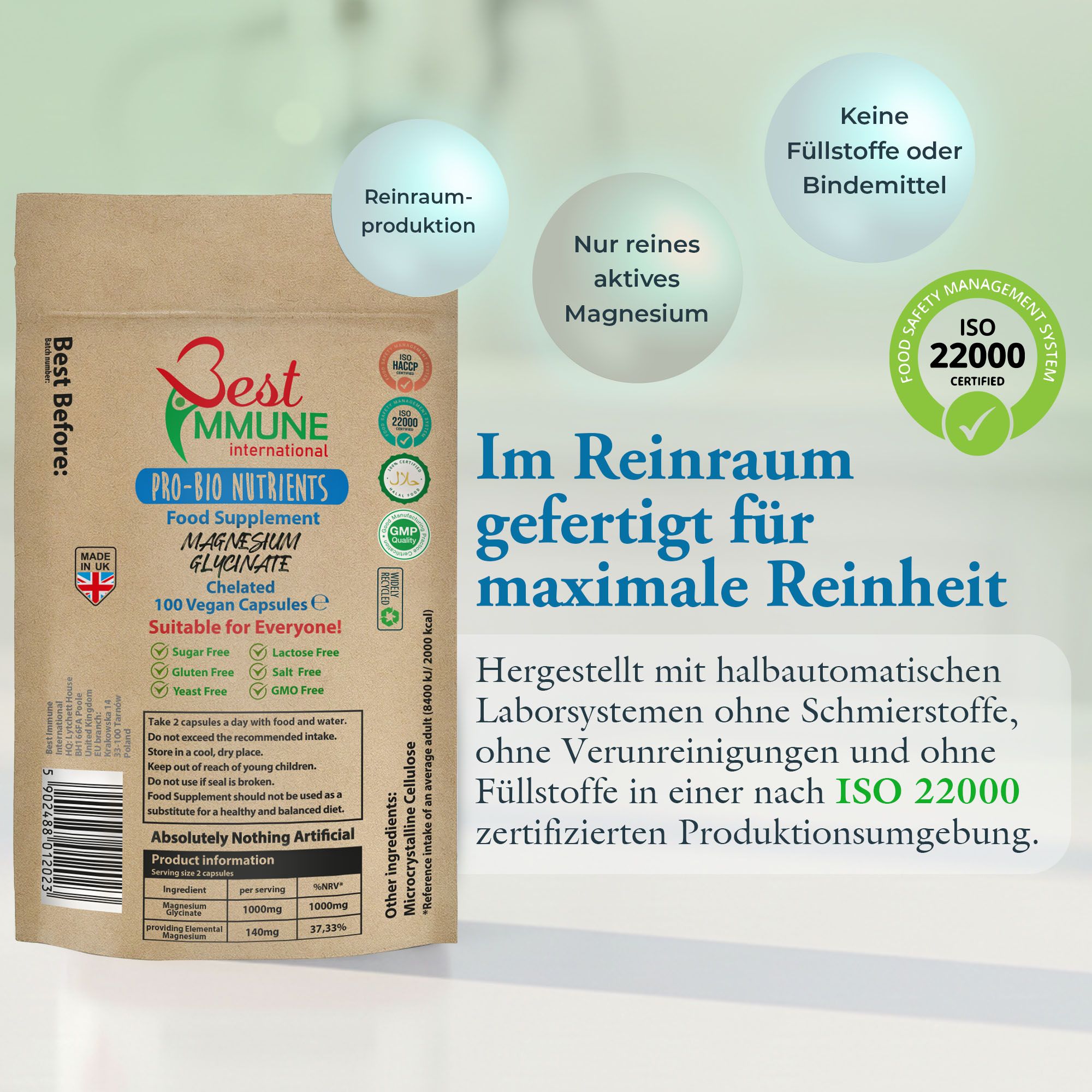 Braune Papiertüte mit Magnesiumglycinat-Kapseln. ISO 22000 und Reinraumproduktion.