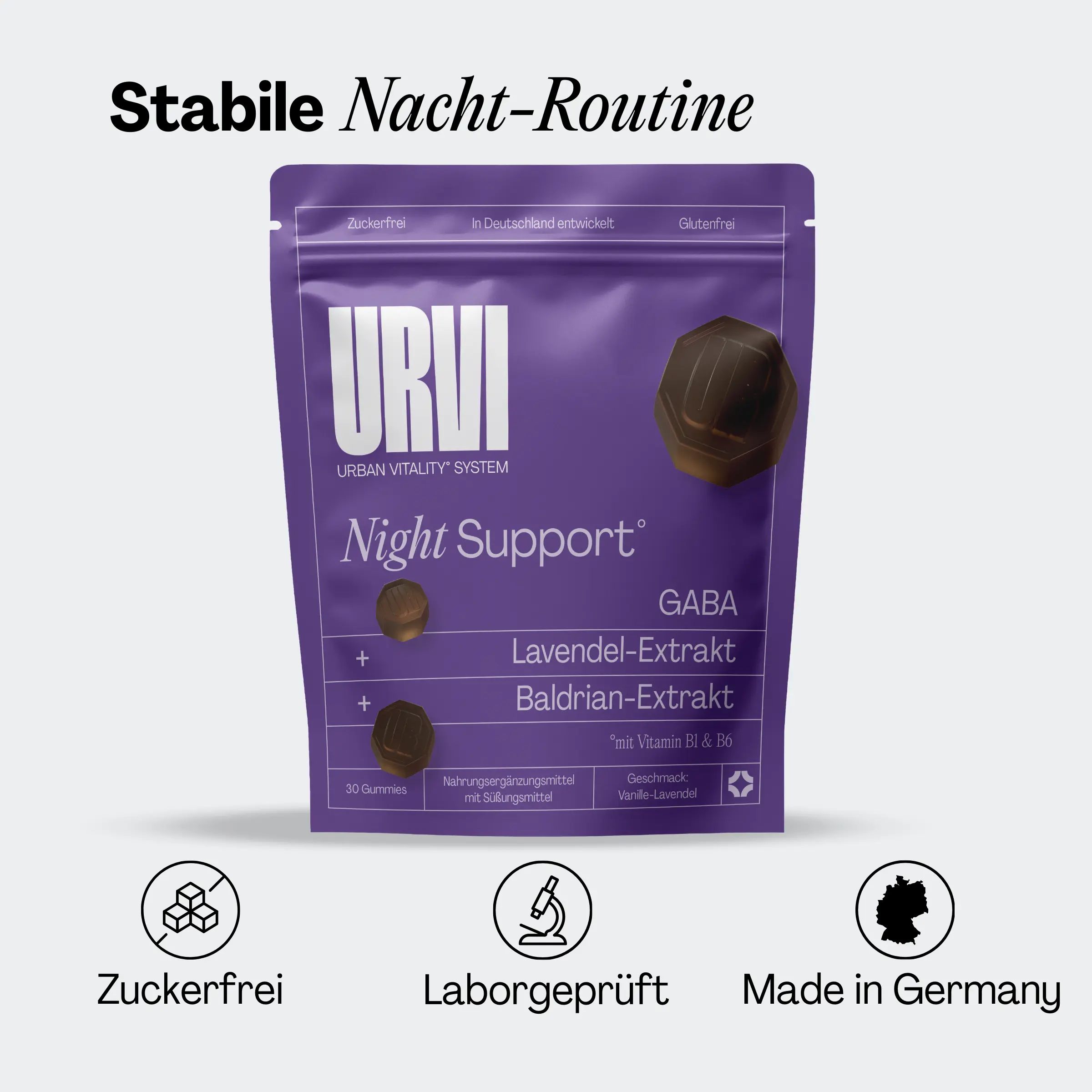 Lila Beutel mit URVI Night Support. Logos für zuckerfrei, laborgeprüft und Made in Germany.