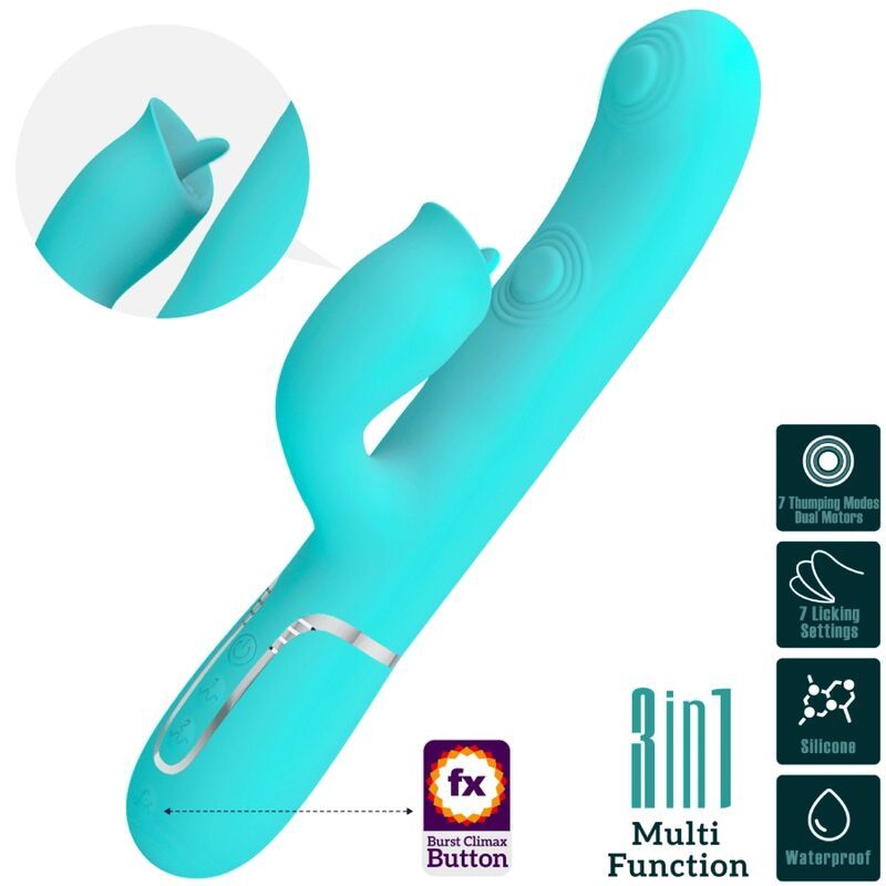 Türkisfarbener Vibrator mit Kaninchen-Design. Mit 7 Modi, 2 Motoren, 7 Einstellungen, Silikon und wasserdicht.