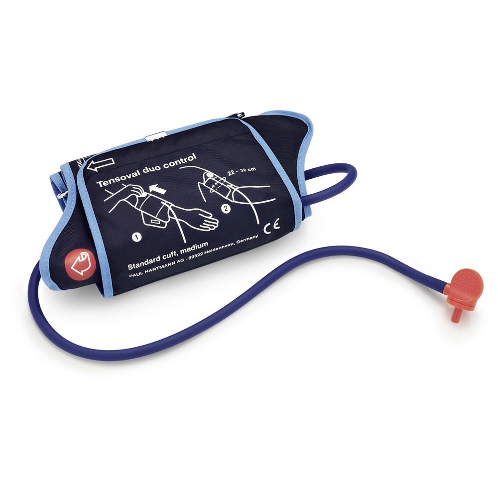 Blutdruckmanschette mit Schlauch und Stecker. Dunkelblau mit hellblauer Umrandung. Aufdruck: Tensoval duo control, 22-32 cm.