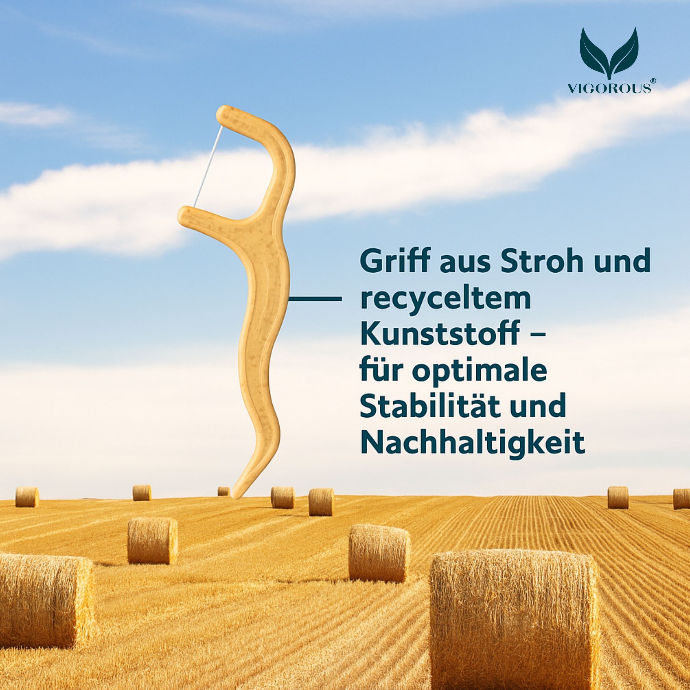 Zahnseide-Stick vor Feld. Text: Griff aus Stroh und recyceltem Kunststoff. Marke: VIGOROUS®.