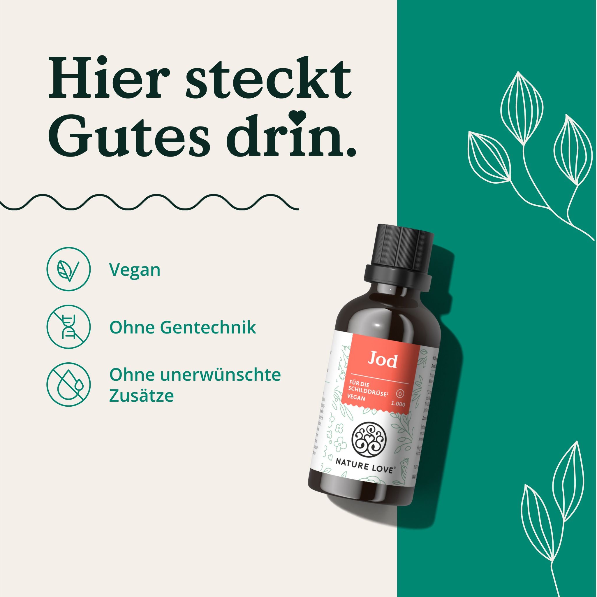 NATURE LOVE® Jod Tropfen - 150µg 50ml - alkoholfrei und vegan - geschmacksneutral