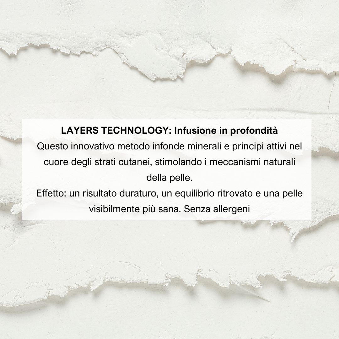 Testo su sfondo bianco. Testo: Layers Technology: Infusione in profondità. Risultato: pelle più sana. Senza allergeni.