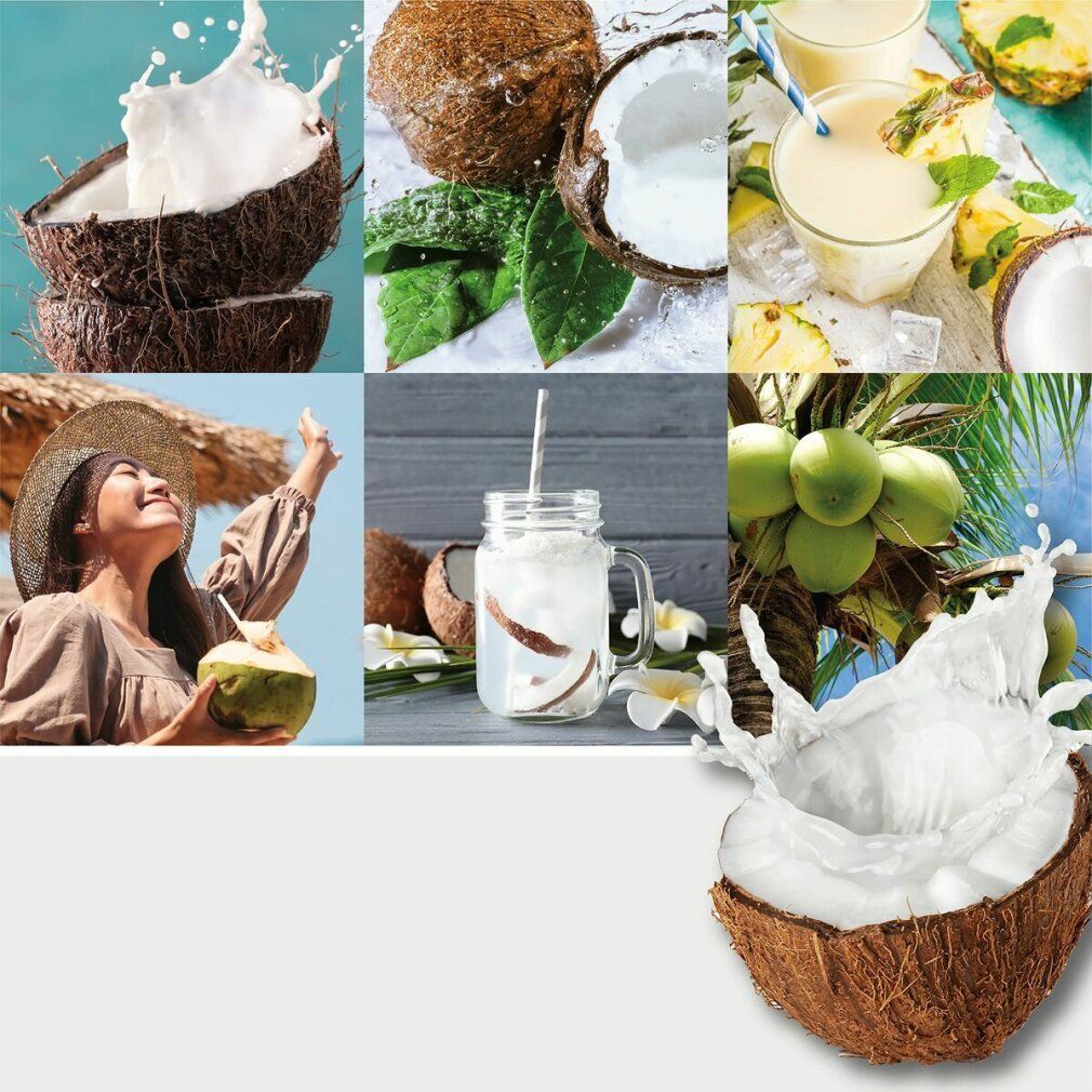 Collage mit Kokosnüssen, Kokosmilch und Getränken. Eine Frau trinkt Kokoswasser. Dekoration mit Blumen.