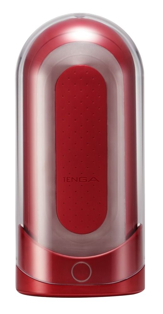 Roter TENGA Flip 0. Zylindrische Form mit roter Innenfläche und transparentem Gehäuse. Mit beleuchtetem Sockel.