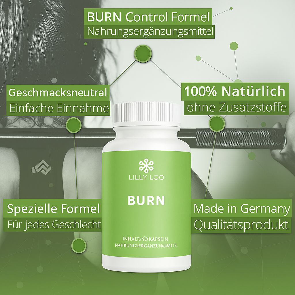 Weiße Flasche mit grünem Etikett. Aufschrift: LILLY LOO, BURN. Zusätzliche Texte: BURN Control Formel, 100% Natürlich, Made in Germany.