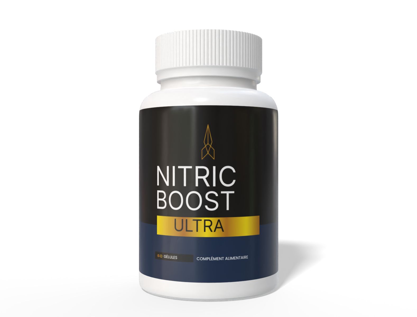 Weiße Flasche mit schwarzem Etikett. Aufschrift: Nitric Boost Ultra. 60 Kapseln. Nahrungsergänzungsmittel.